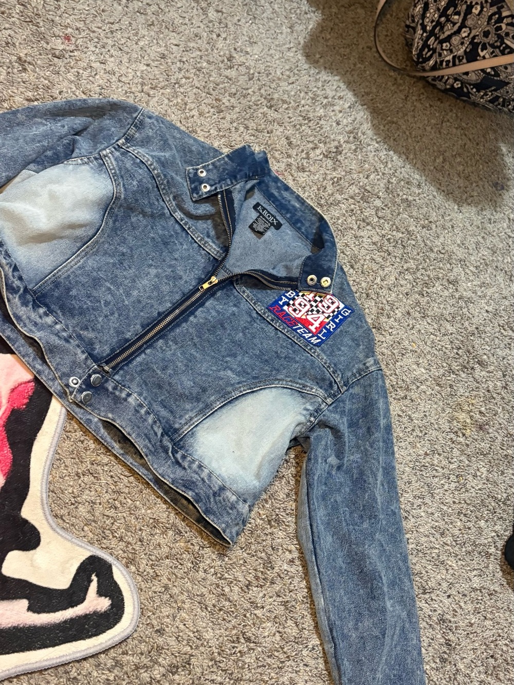 Vintage Acid Wash Denim Jacket with Embroidered Patch